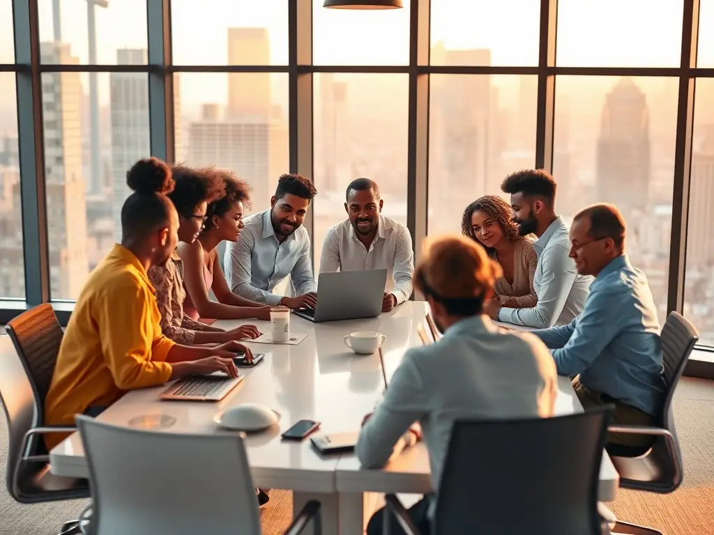Diverse team of professionals collaborating in a modern office setting.