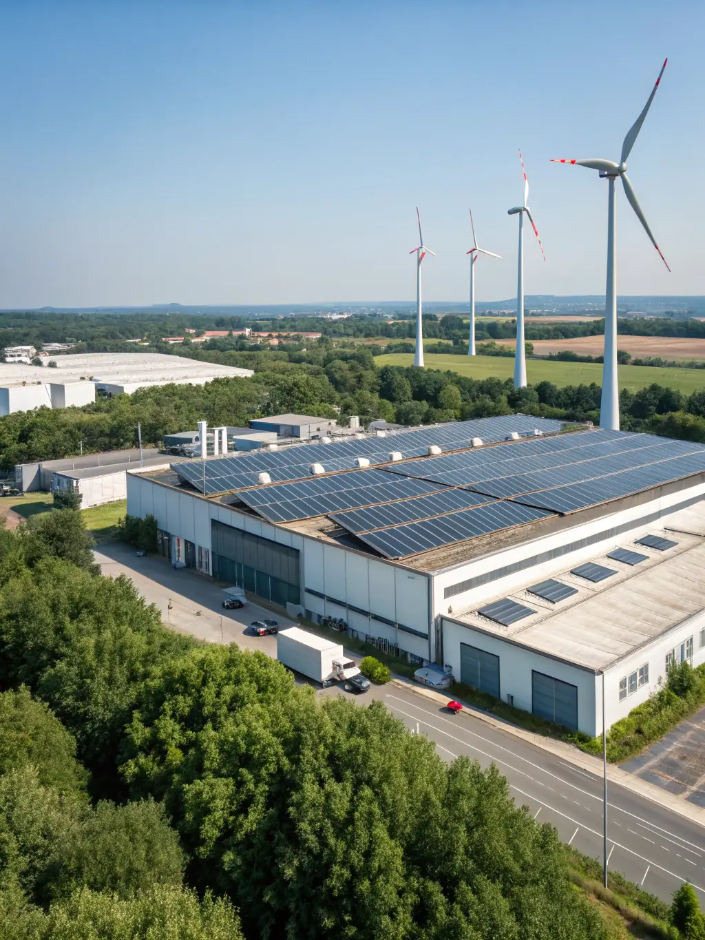 A photograph of a modern industrial facility with solar panels and energy-efficient equipment, highlighting reduced energy consumption and sustainable operations, with a focus on smart energy management systems.