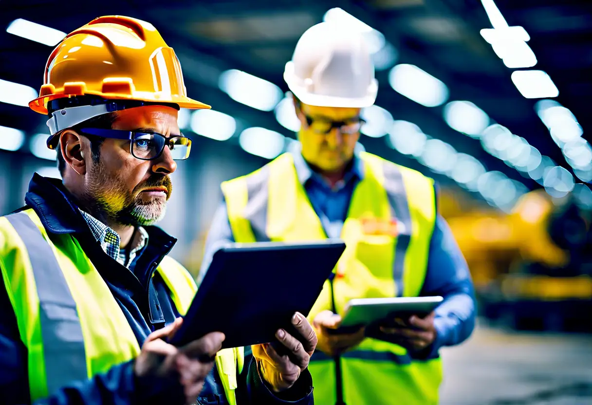 A safety officer monitoring operations with a tablet in an industrial setting.