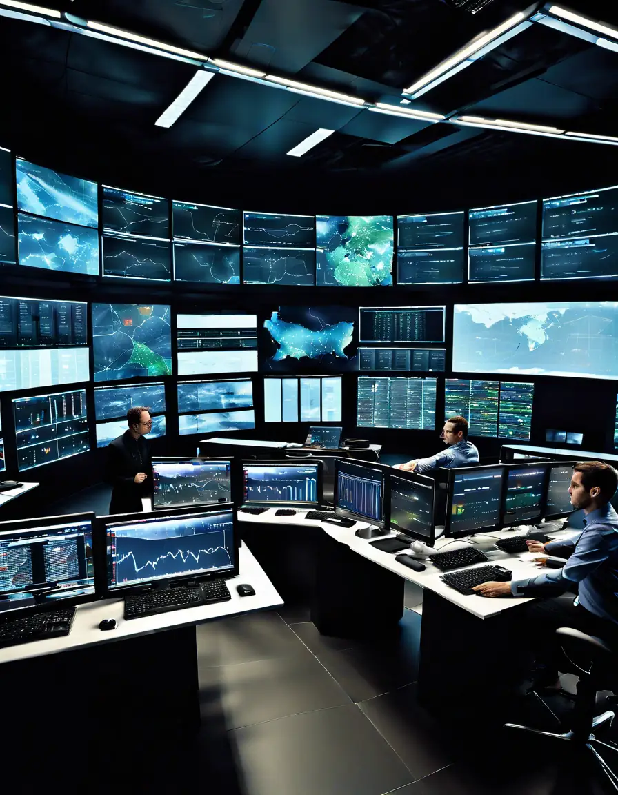 Control room with real-time data analytics on multiple screens, illustrating operational insights.