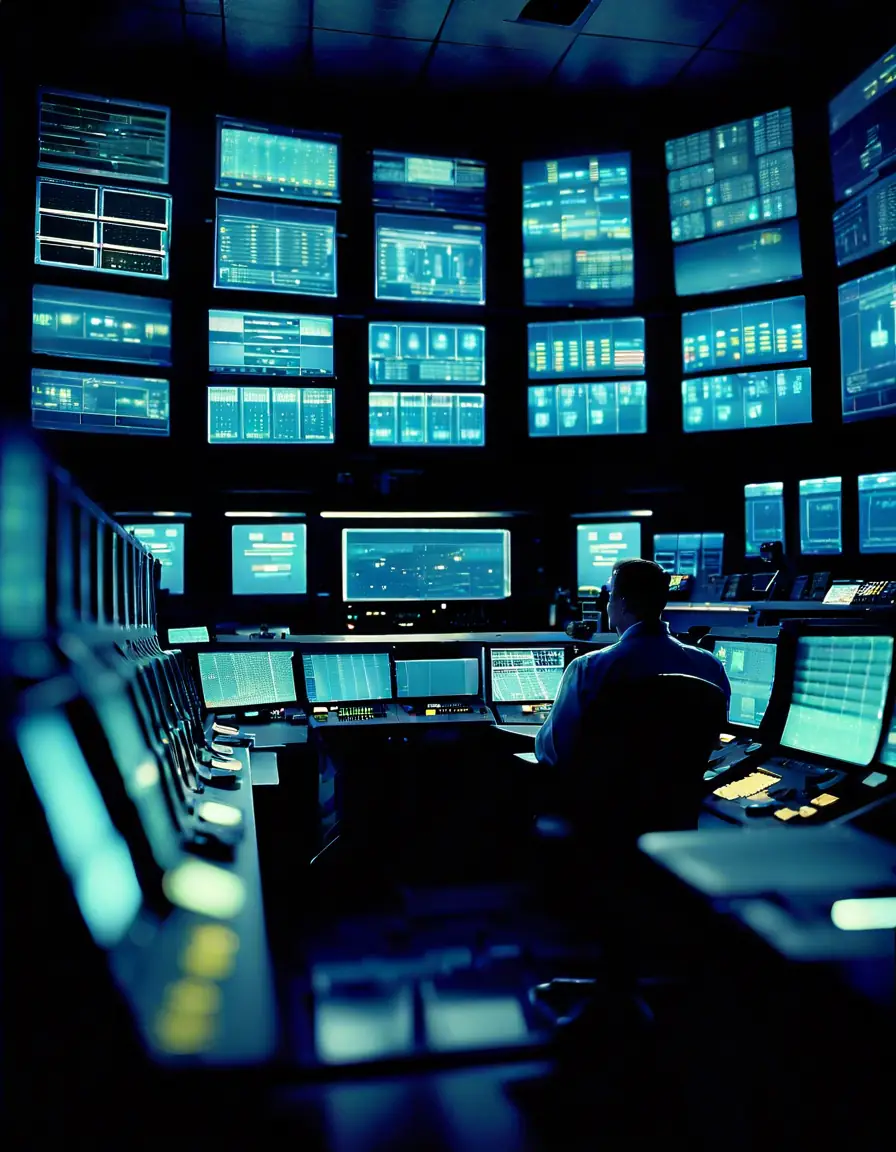 Operators monitoring safety metrics in a factory control room.