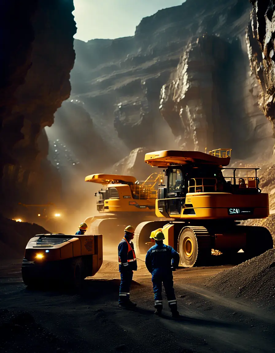 AI-driven machinery operating in a mining environment with workers coordinating operations.