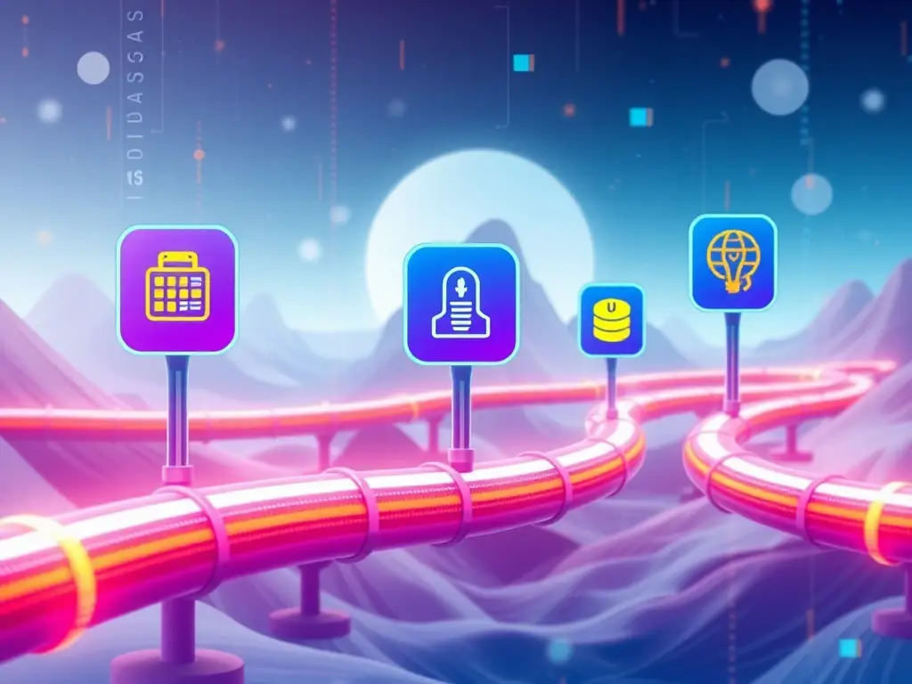 Automated pipelines with icons representing data preparation, model training, and deployment.