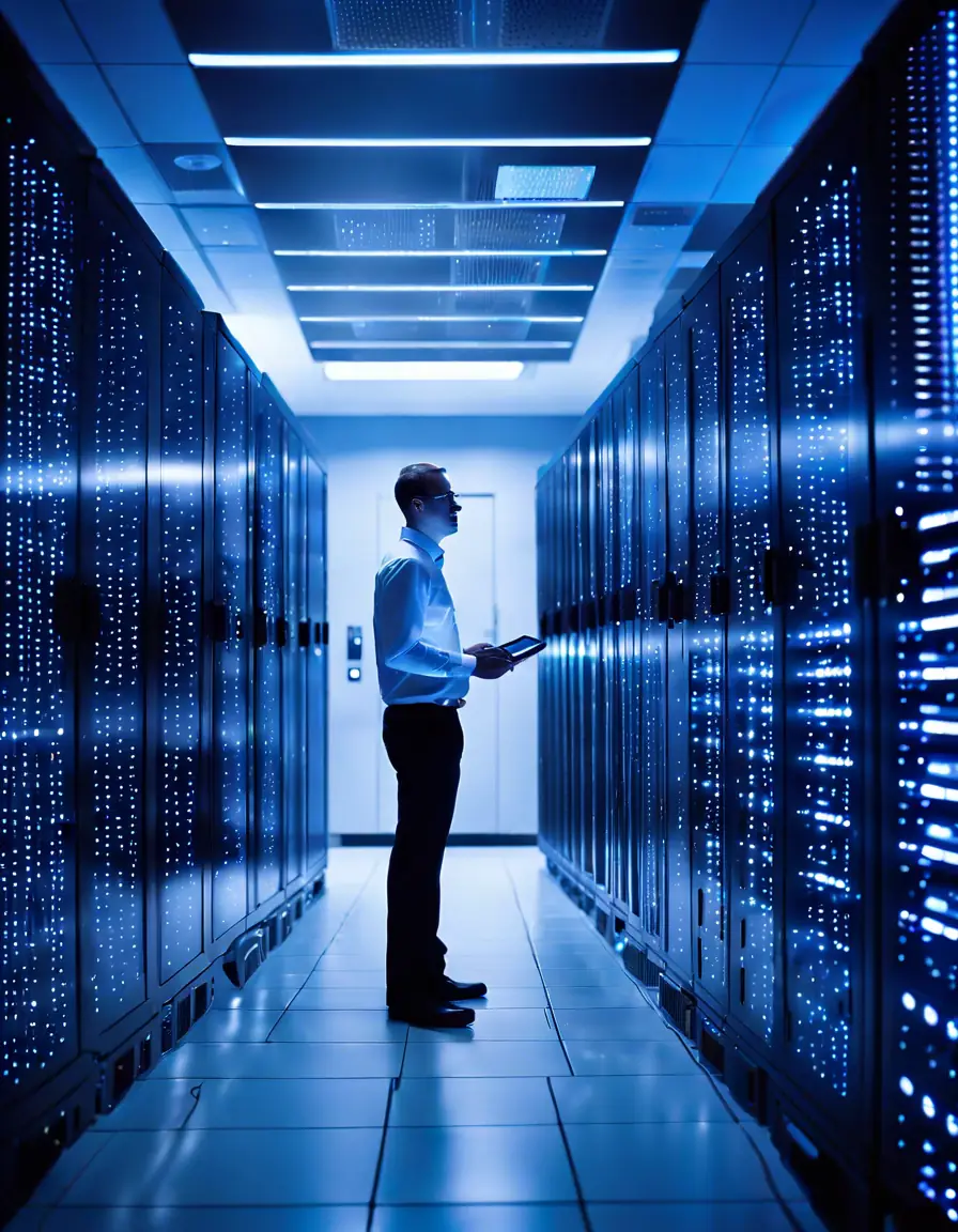 High-performance server room with advanced data processing units, representing faster data processing capabilities.