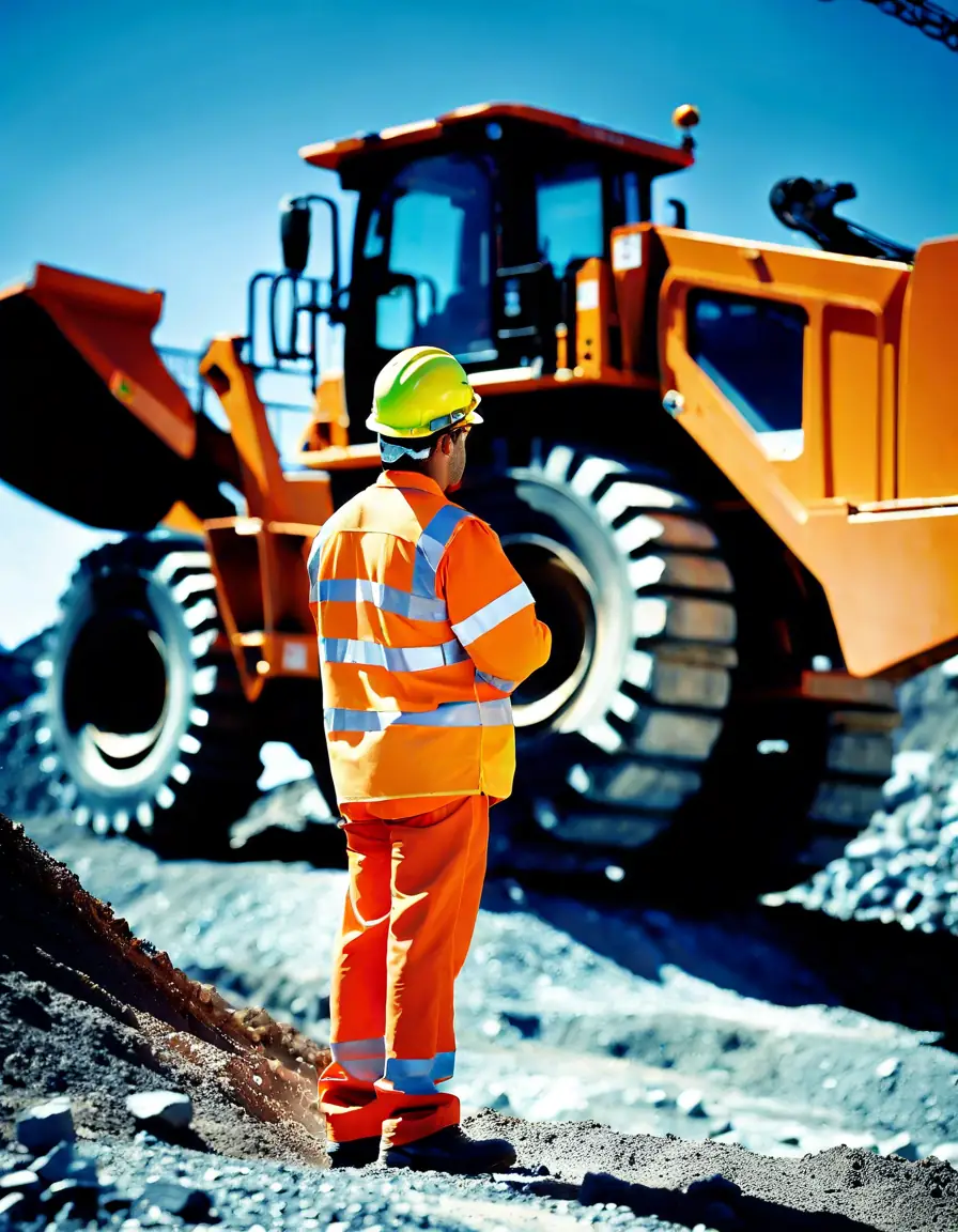 A worker in a mining site wearing PPE, inspecting equipment under a clear blue sky.