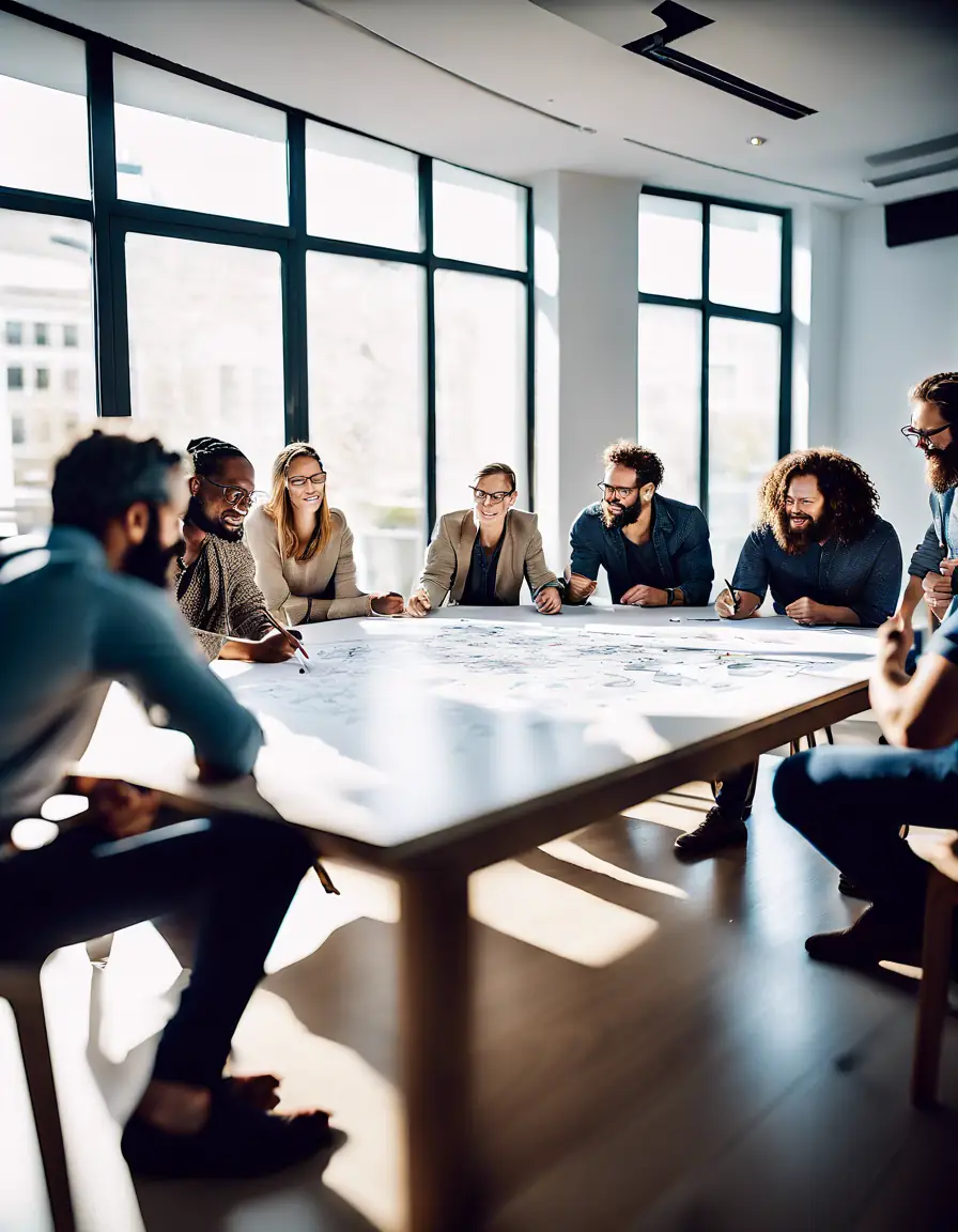 Diverse team members collaborating in a creative brainstorming session.