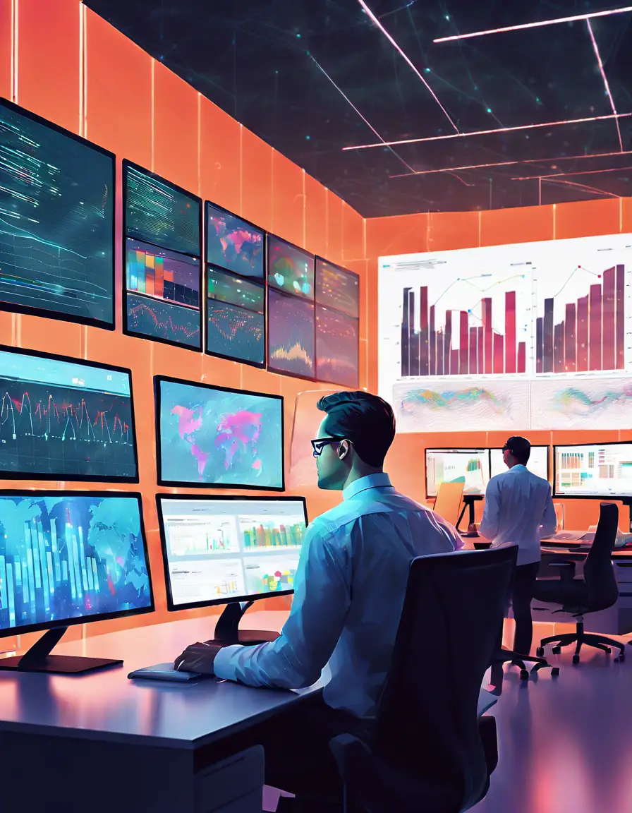 Data scientist analyzing large datasets on multiple monitors in a modern office.