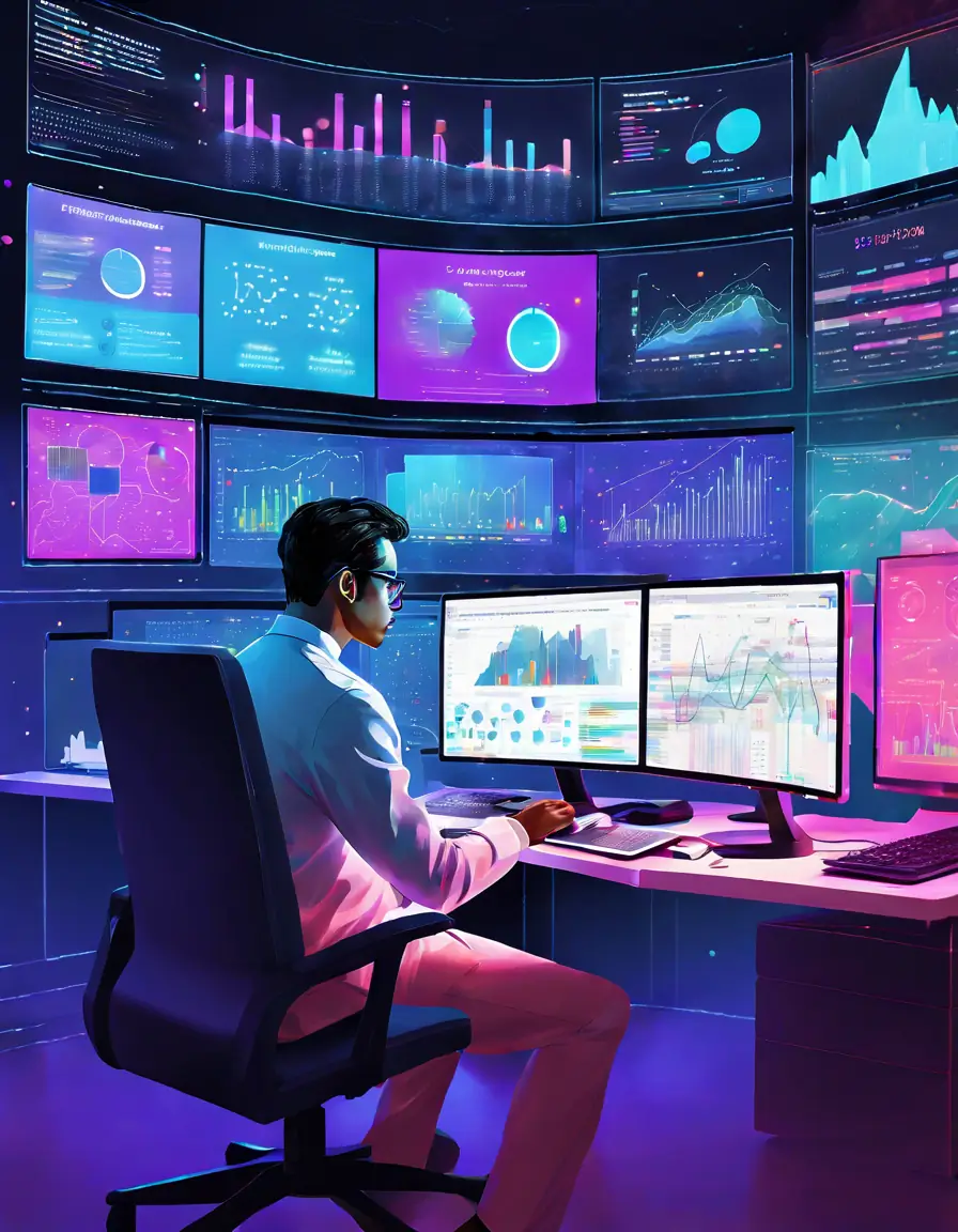 A data scientist analyzing complex data sets on a computer screen with graphs and charts.