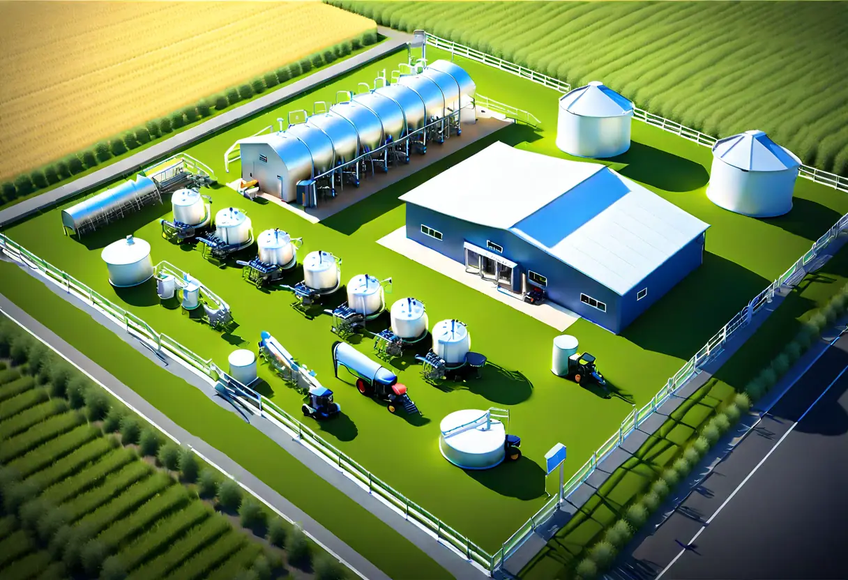 3D model of a modern dairy farm with automated milking machinery and cows in a clean environment.