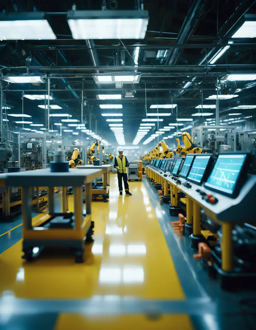 A factory floor with automated machinery and workers monitoring systems, showcasing operational efficiency.