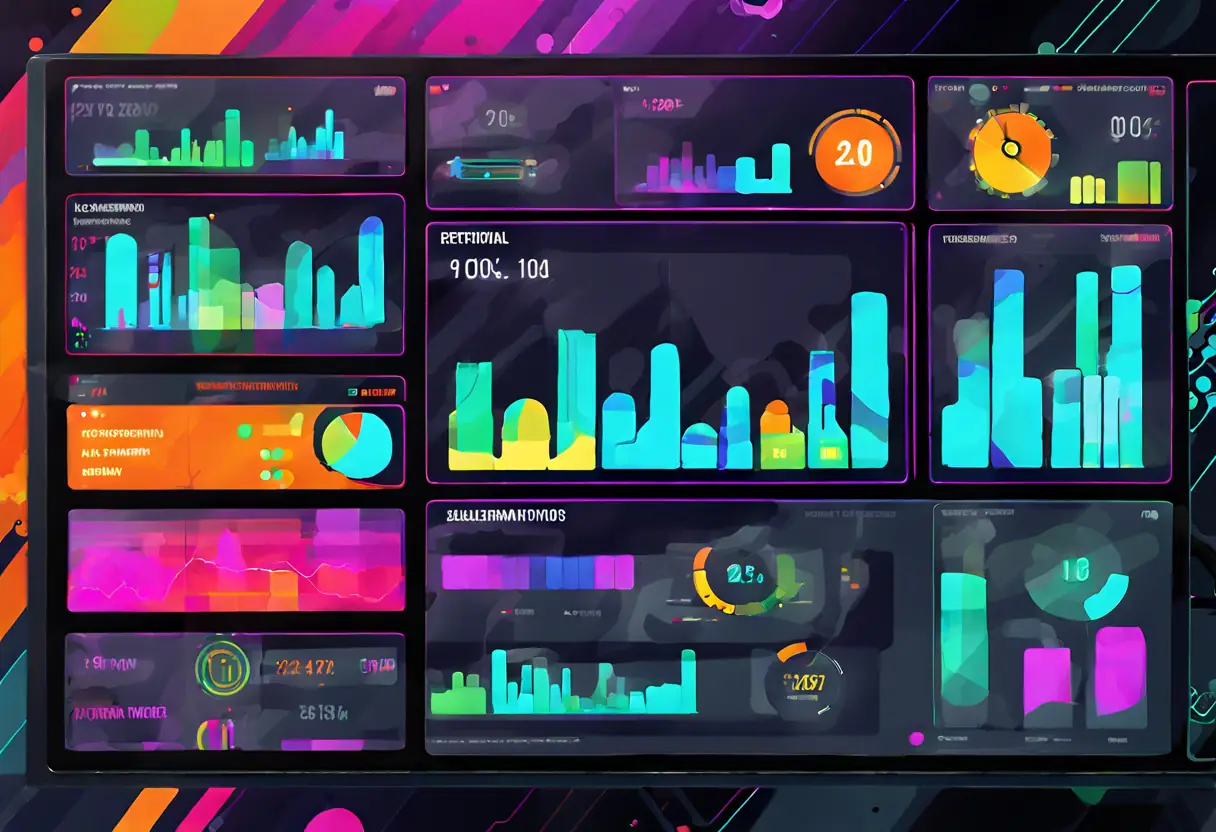 Digital artwork of a dashboard showing predictive analytics for a petrochemical plant, with colorful graphs and alerts.ai capabilities