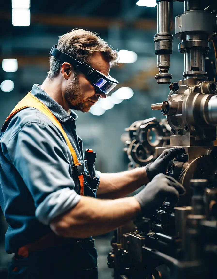 Technician performing maintenance on industrial machinery with augmented reality assistance.