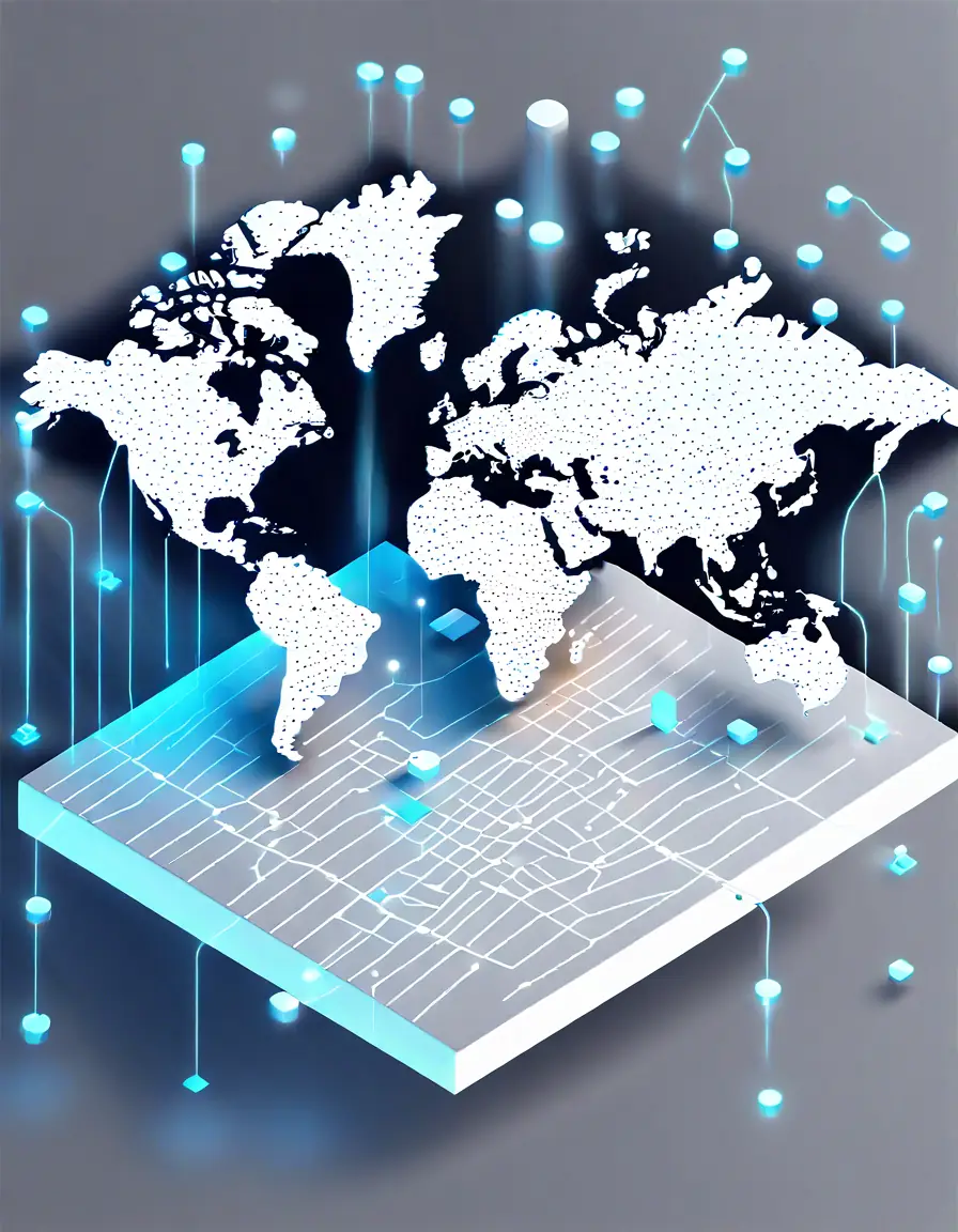 An isometric global map with glowing data points illustrating real-time insights.