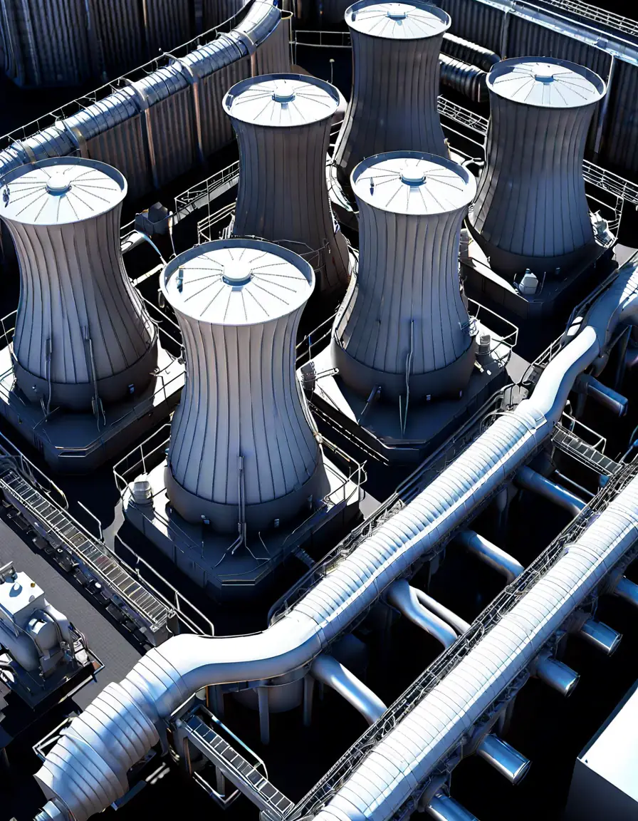 3D model of energy-efficient cooling towers and industrial equipment in a dark setting.