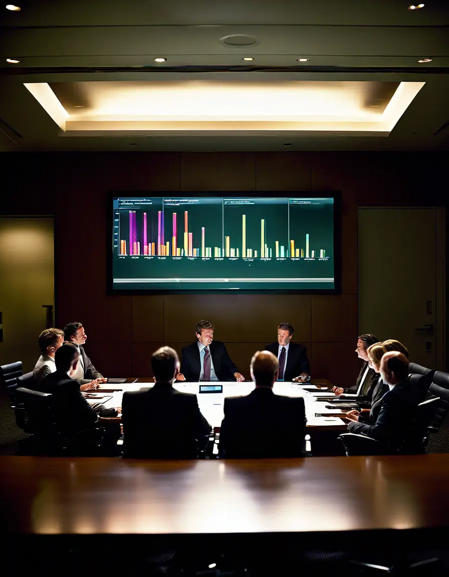 Executives in a boardroom reviewing data visualizations and making strategic decisions.