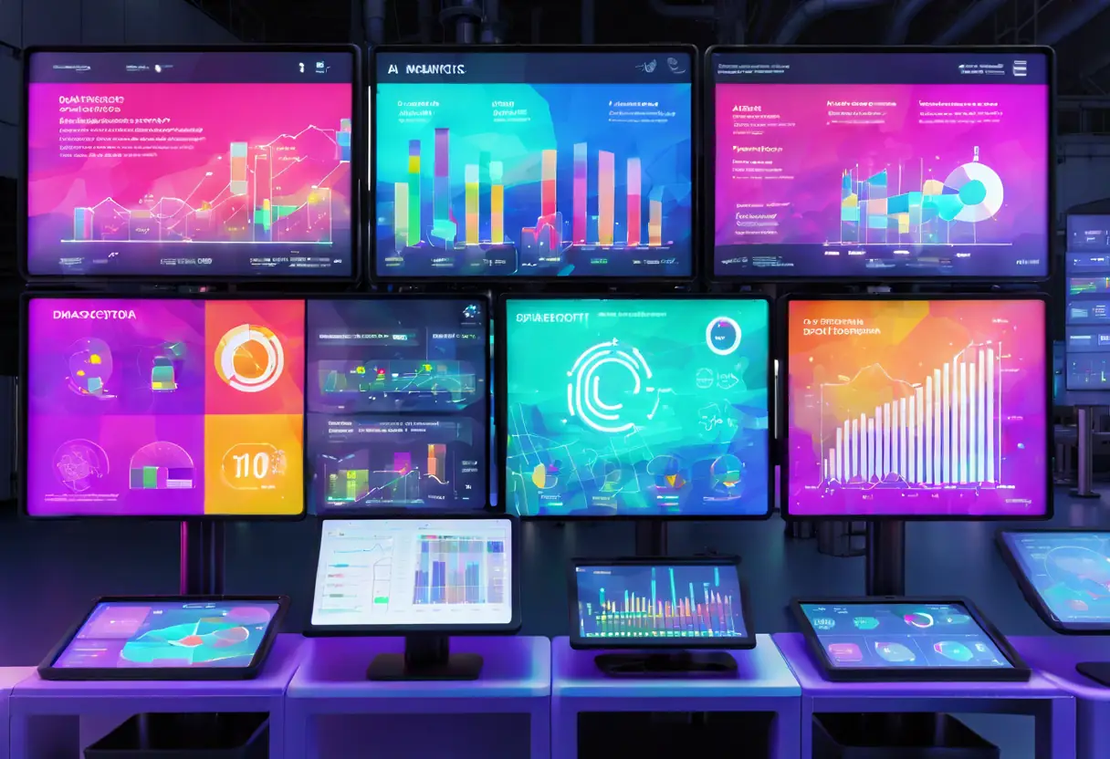AI analytics dashboards showing metrics on reduced waste and optimized production cycles in a polymer factory.