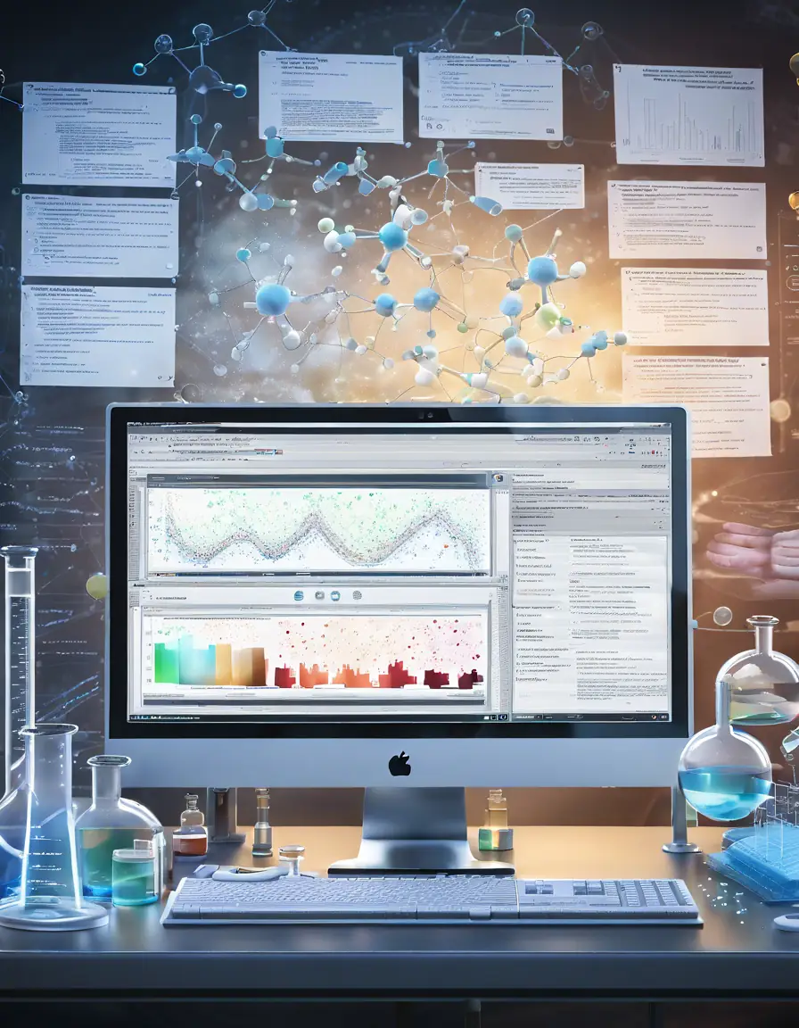 A data preprocessing workflow on a computer screen showing integration of chemical principles in a dimly lit office.