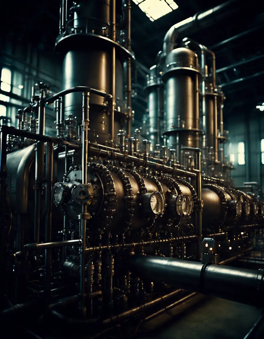 A large industrial reactor system with stable cyclic effects, featuring intricate piping and gauges.