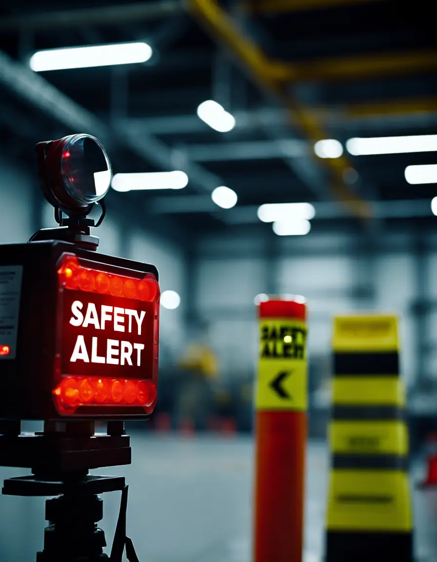 A safety alert system in an industrial setting, with workers responding to alerts.