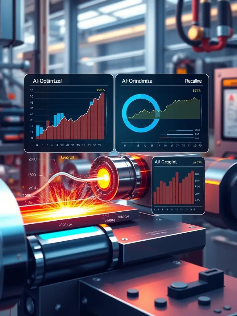 An image showcasing a grinding process being optimized by AI, with data visualizations highlighting improved efficiency and precision, demonstrating a boost in grinding performance.