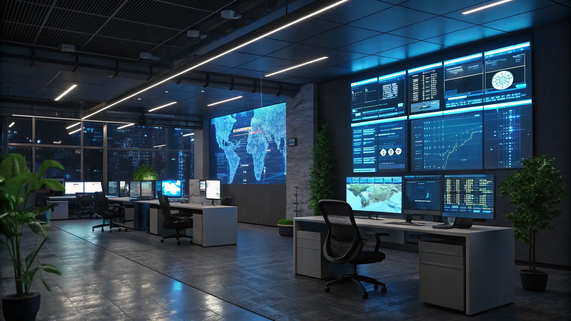 A digital interface displaying real-time data from various plant systems, showing graphs, charts, and alerts.