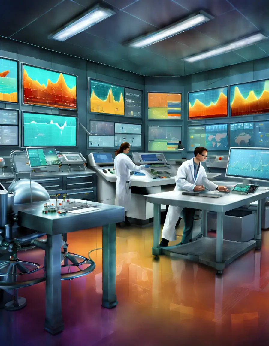 A dual modeling approach illustrated on a digital screen with colorful graphs in a high-tech laboratory.