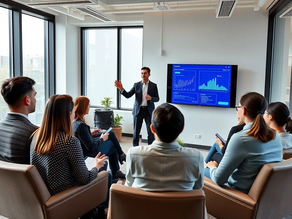 An industry expert presenting tailored AI solutions to a group of CPG professionals in a modern conference room.