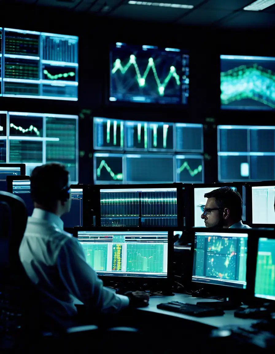 Operators using real-time data dashboards in an industrial control room.