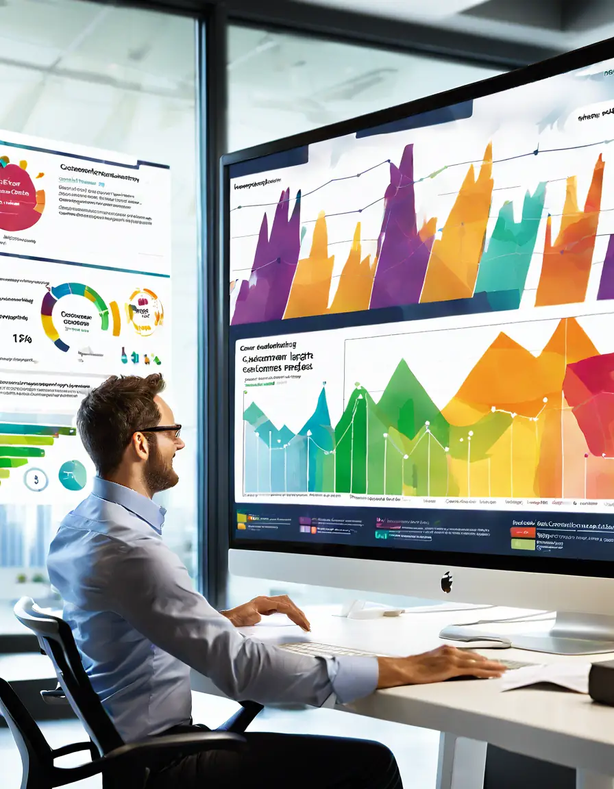A customer feedback dashboard with colorful graphs and charts on a computer screen.