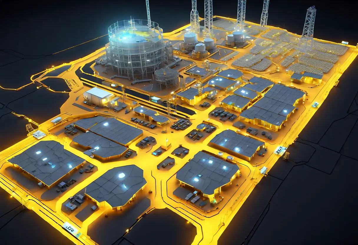 3D model of a generative AI system creating optimized mining operation plans in a modern workspace. ai capabilities