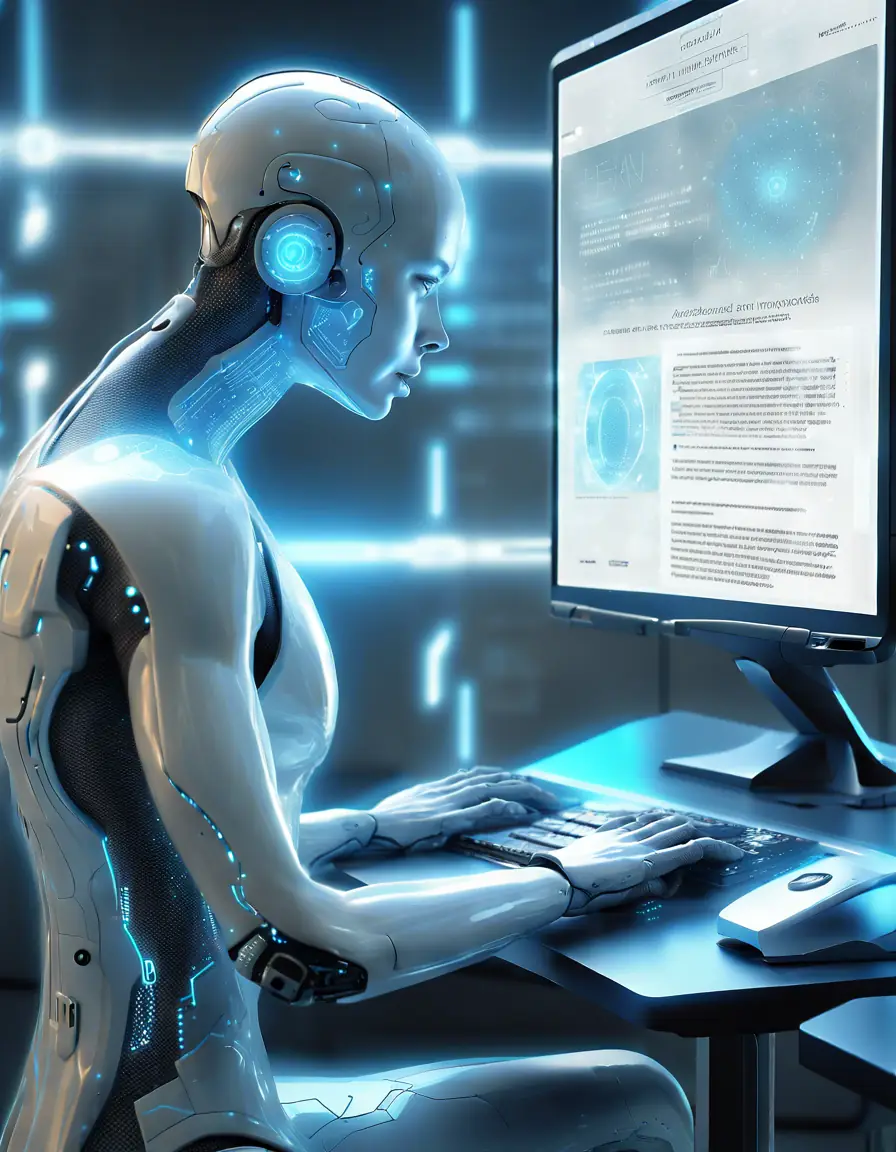 An AI system generating human-like text on a computer screen.