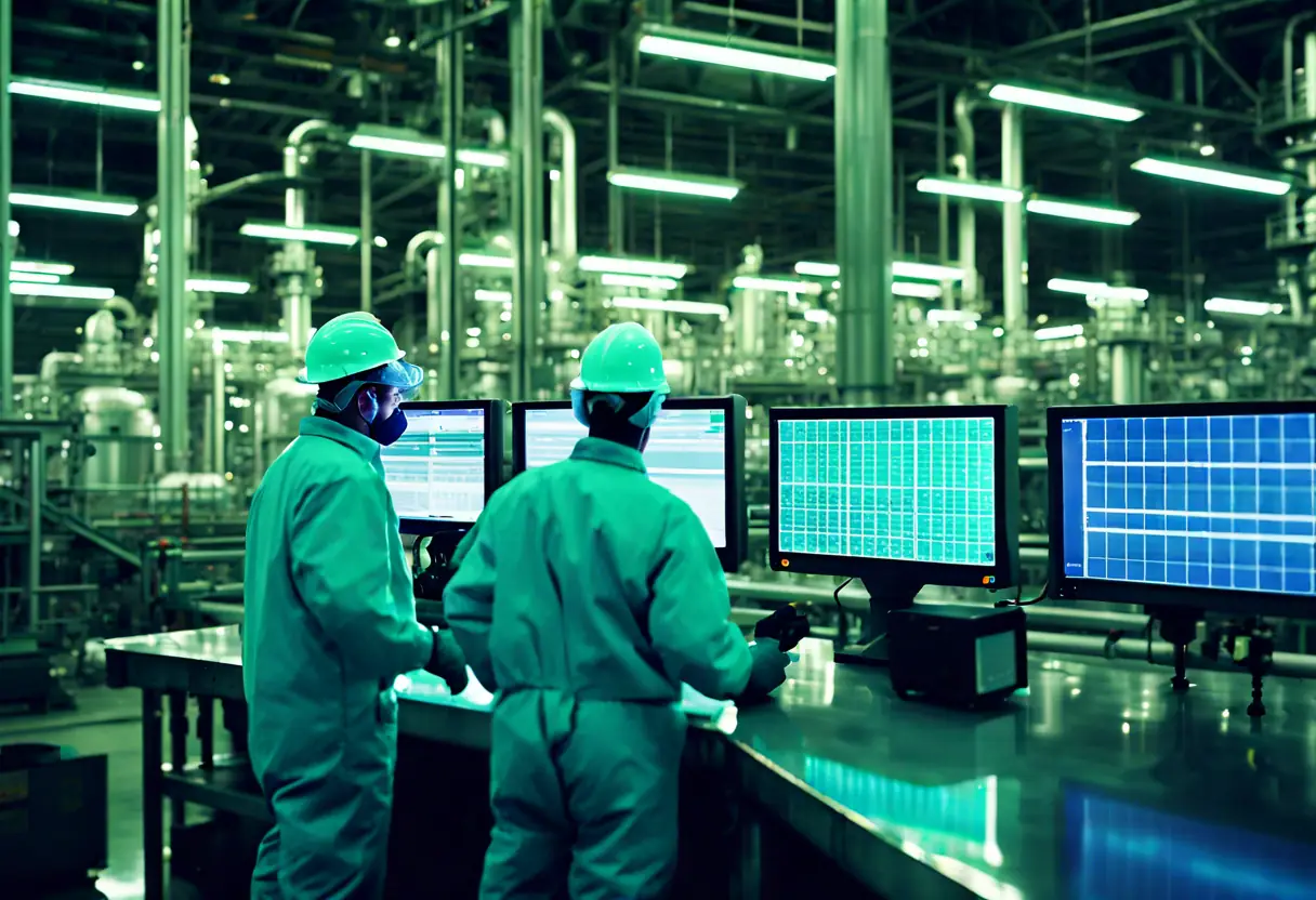 Workers in a fertilizer manufacturing plant monitoring machinery and production data, showcasing increased efficiency.