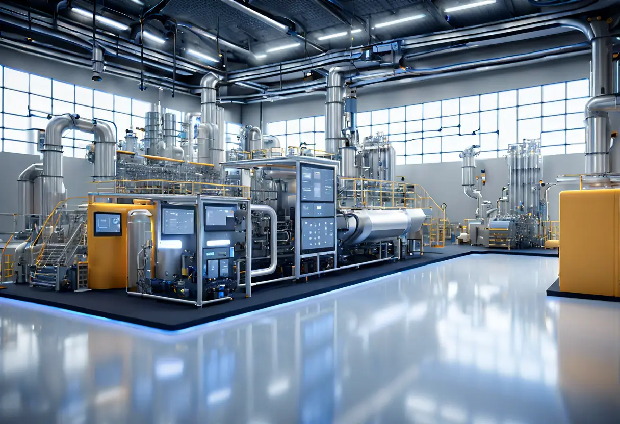 3D model of a polymer manufacturing plant with advanced machinery and AI monitoring systems.