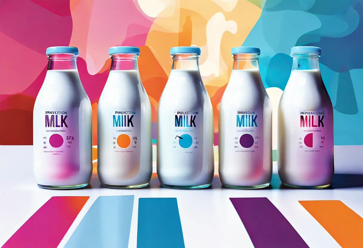 Digital illustration of a graph showing improved milk production metrics and reduced operational costs.