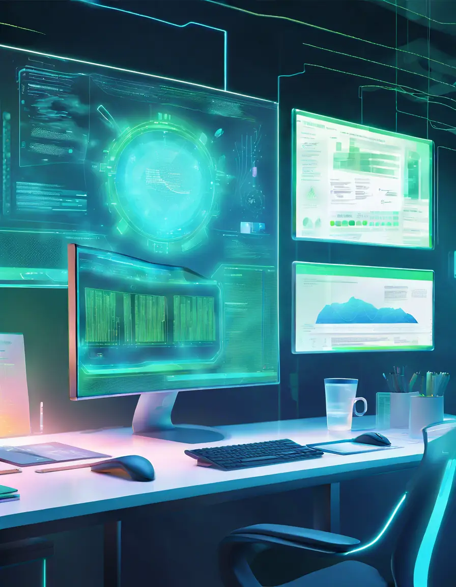 A digital workspace with a computer screen showing an AI analyzing a document.