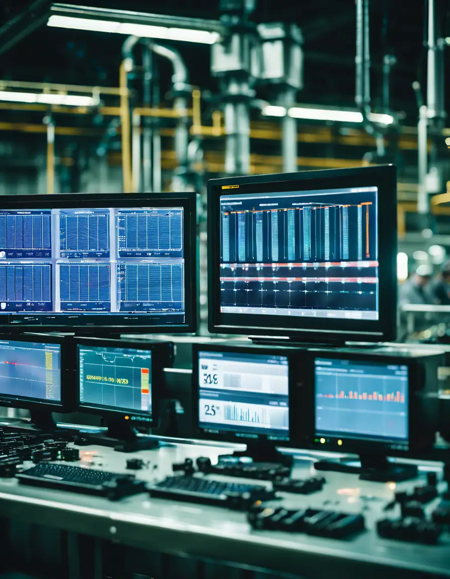Real-time data monitoring system in an industrial setting showing various metrics and analytics.