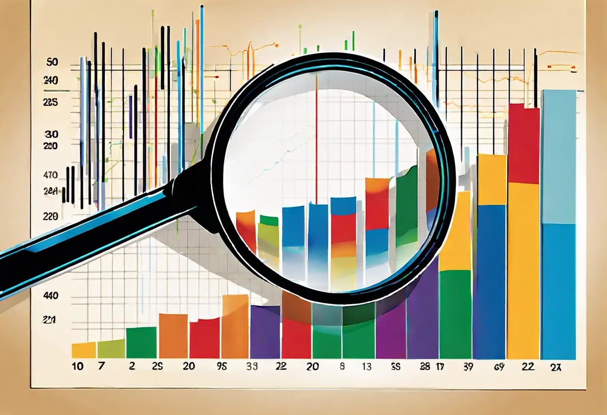 Icon representing market sentiment analysis with a magnifying glass over a stock chart.