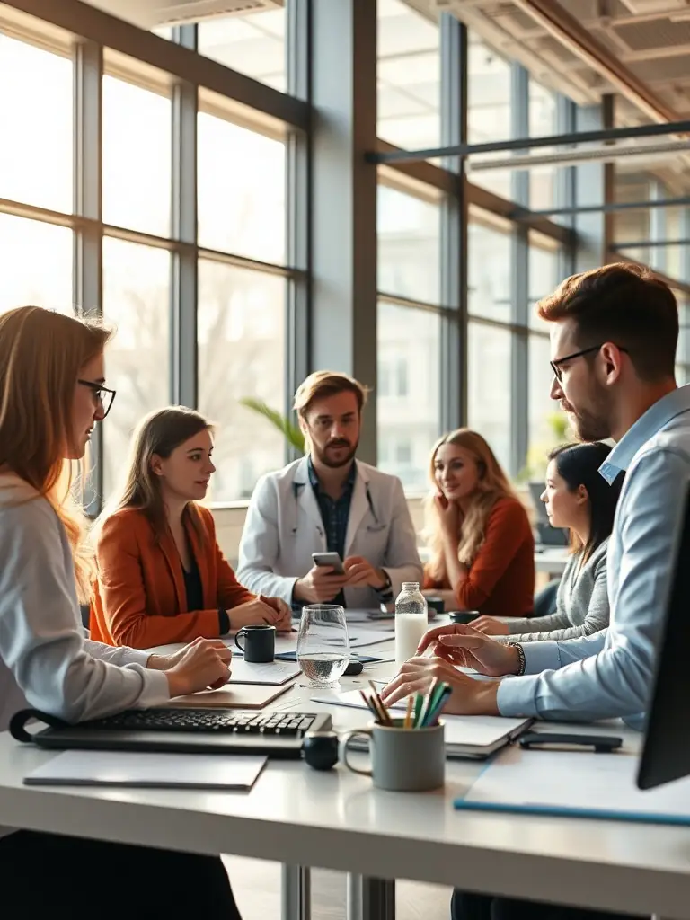 A collaborative workspace with data scientists and IT professionals working together on AI models.