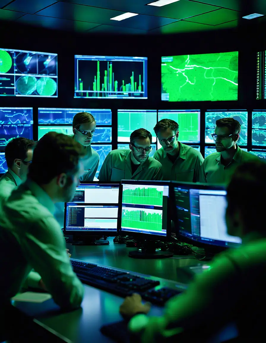 Engineers making decisions based on data visualizations in a high-tech control room.