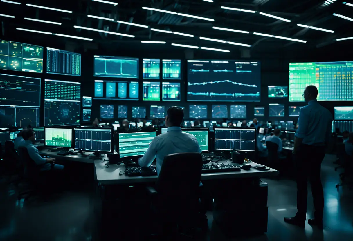 Operators in a refinery control room monitoring AI-driven dashboards and analytics.