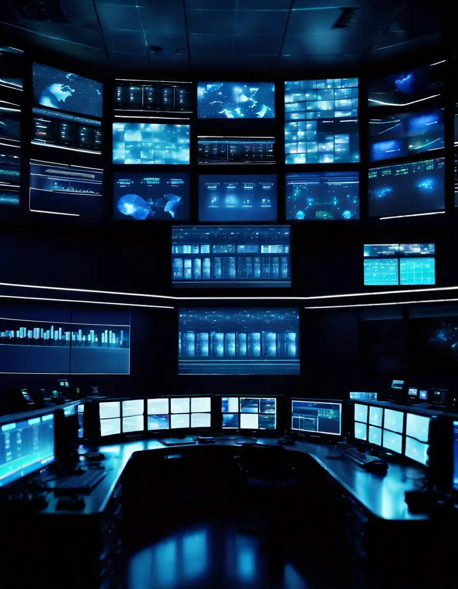 A high-tech control room with multiple screens displaying real-time data and analytics.