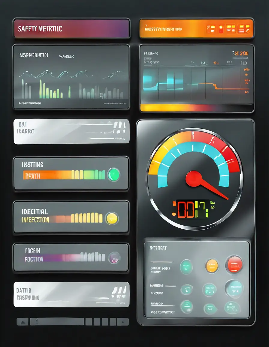 A digital dashboard showing safety inspection metrics with colorful graphs and real-time data.