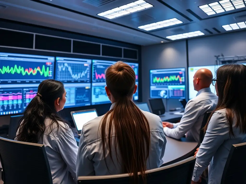 A team of engineers analyzing data on multiple screens in a modern control room.