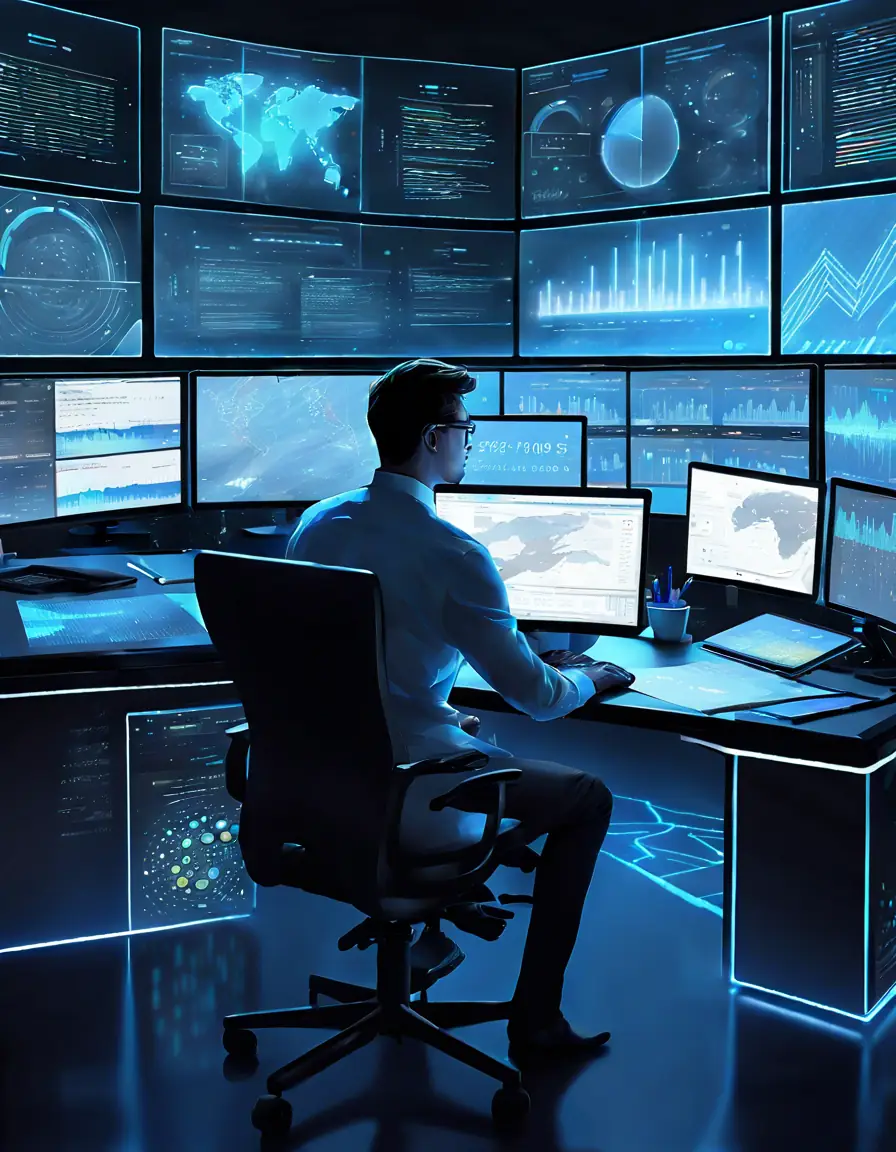 A data analyst working with complex data visualizations on multiple screens, representing data-driven decision making.