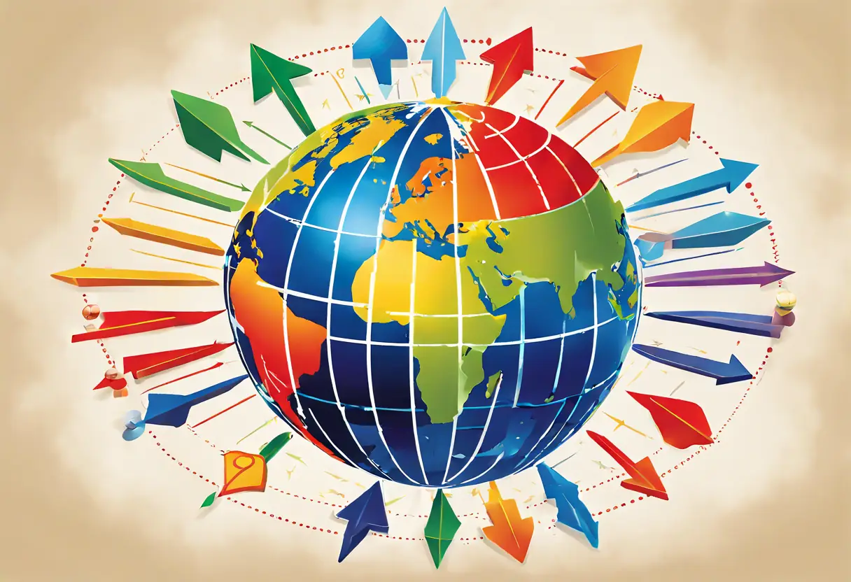 Icon representing macroeconomic modeling with a globe and economic indicators.