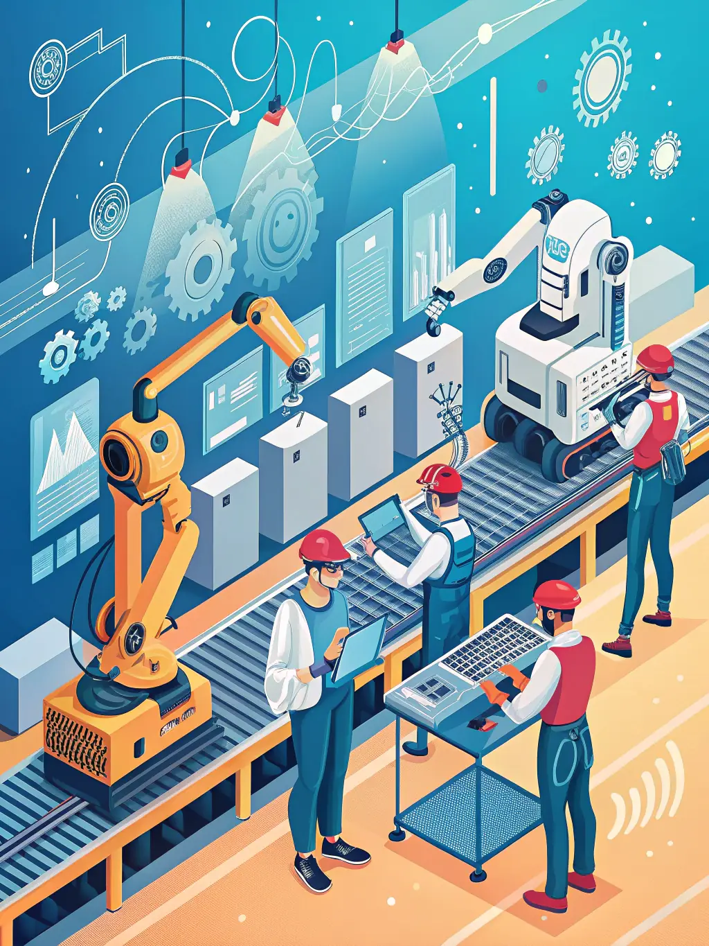 A digital illustration depicting a factory production line with AI-powered robots working efficiently, showcasing increased throughput and seamless operations, set against a backdrop of data streams and analytics dashboards.