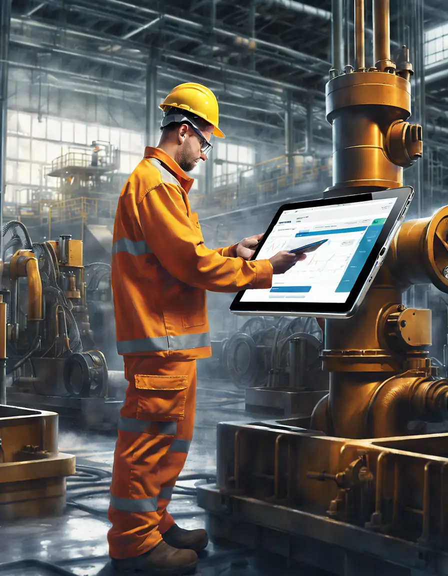 A maintenance technician using a tablet with predictive analytics software to schedule maintenance tasks.