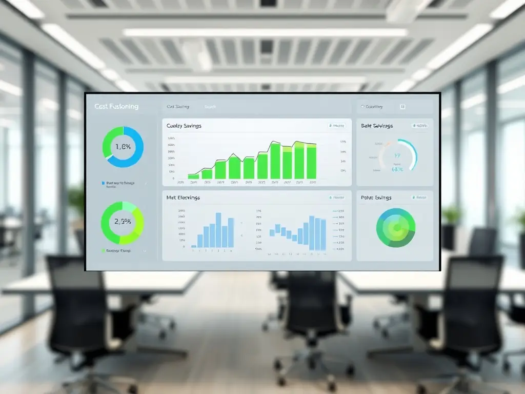 Digital dashboard showing cost savings and efficiency metrics in a modern office setting. Process optimization in pharma industry