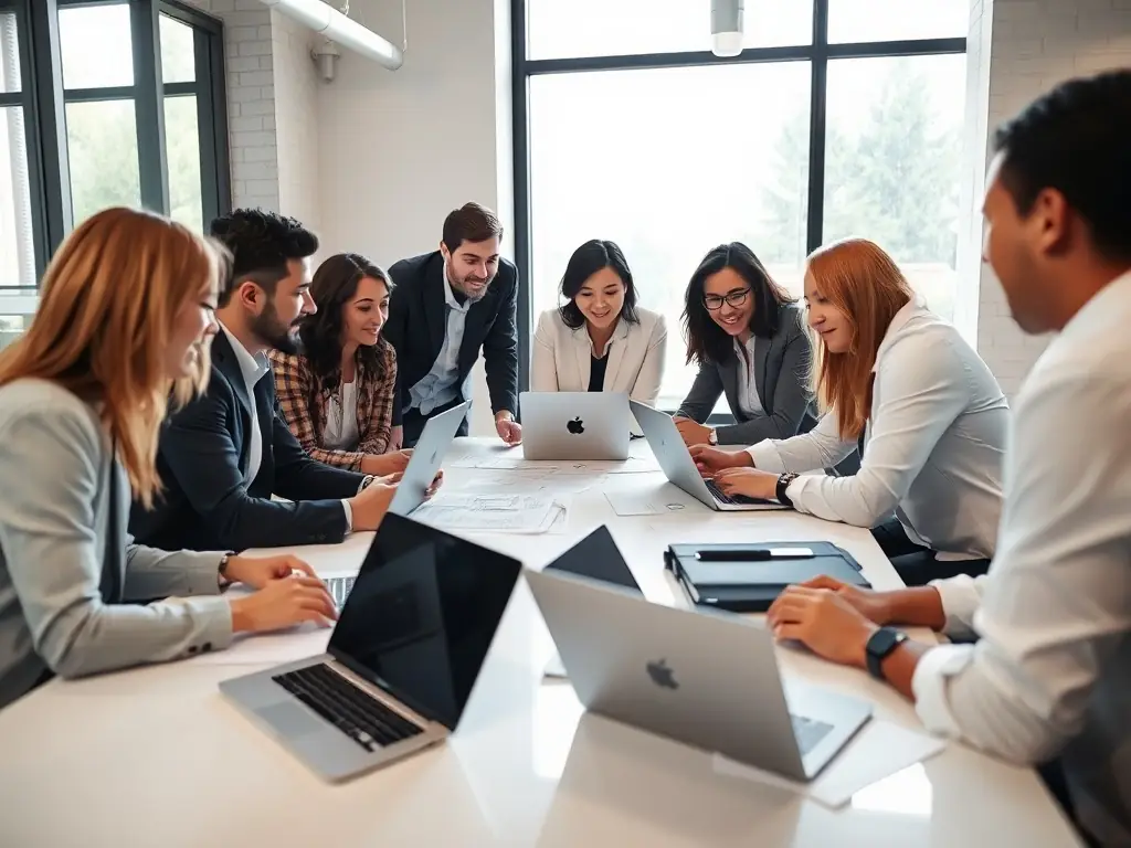 A diverse team of professionals collaborating with a global CPG brand in a modern office setting.