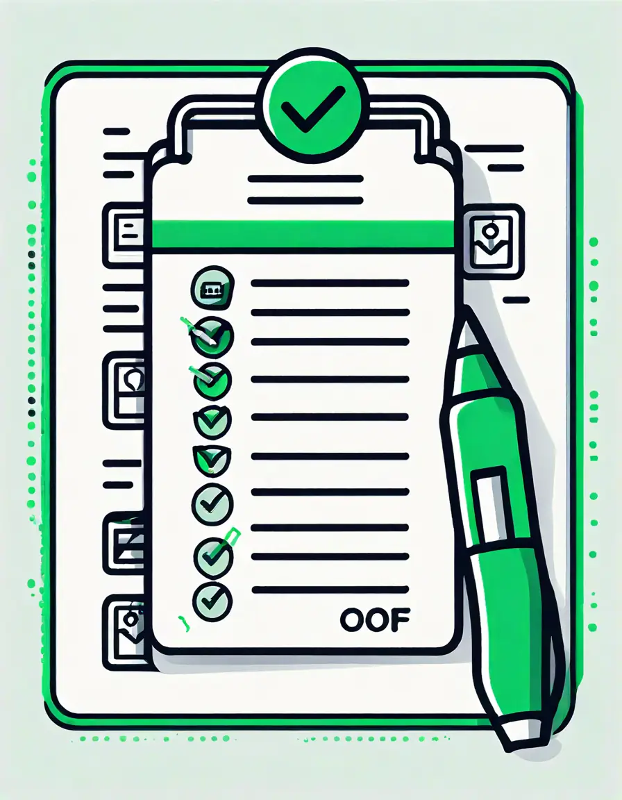 A line-art illustration of a compliance checklist being marked off with a green checkmark.
